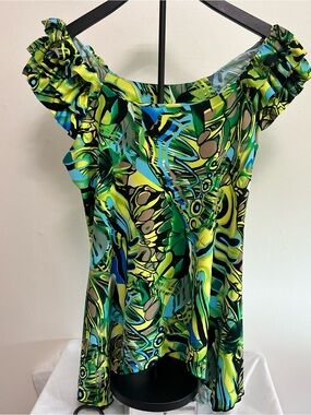 Clientele Vibrant Green Abstract Ruffle-Sleeve Women's Top Size Medium